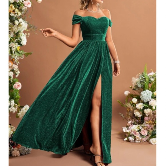 Luxe off shoulder slit thigh holidays party glitter dress - Picture 3 of 6